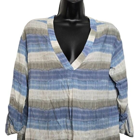 H Halston Blouse Size XS Stripe 3/4 Sleeve V-Neck Beach Vibes - Picture 2 of 7